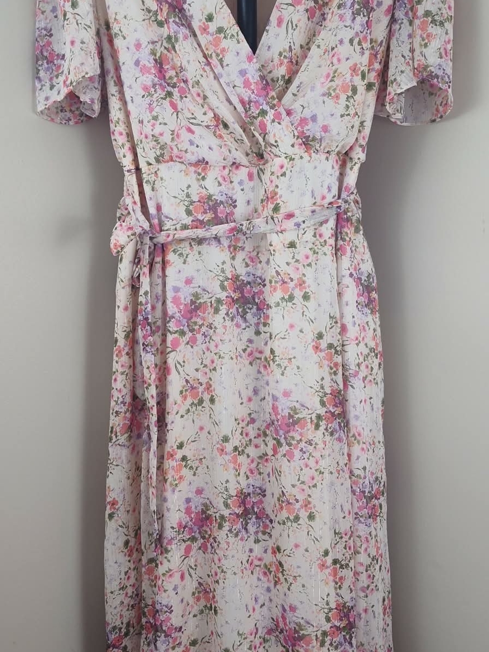 Maison Tara Cream Floral Wrap Maxi Dress with Pink & Purple Accents